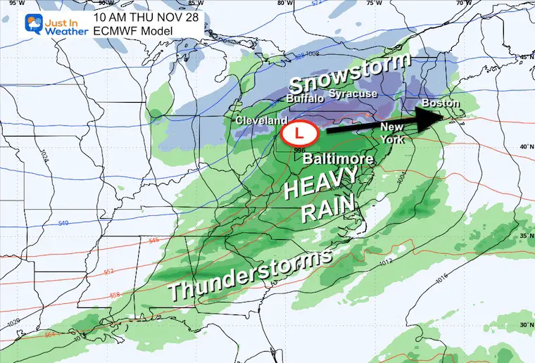 November 25 weather Thanksgiving storm rain snow Thursday morning