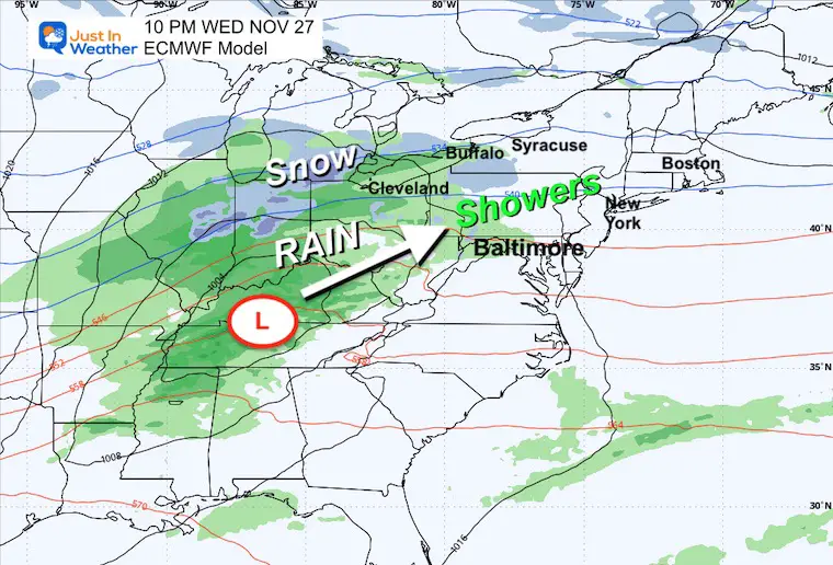 November 25 weather Thanksgiving storm rain snow Wednesday night