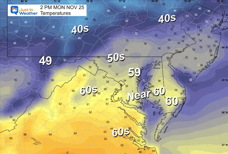 November 25 weather temperatures Monday afternoon