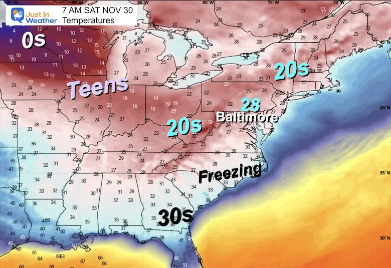 November 26 weather temperatures Saturday morning