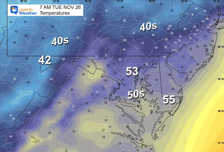 November 25 weather temperatures Tuesday morning