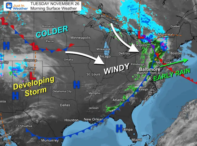 November 26 weather storm map Tuesday morning