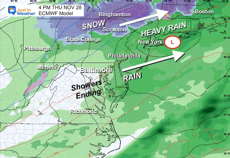 November 26 weather storm rain snow Thanksgiving afternoon