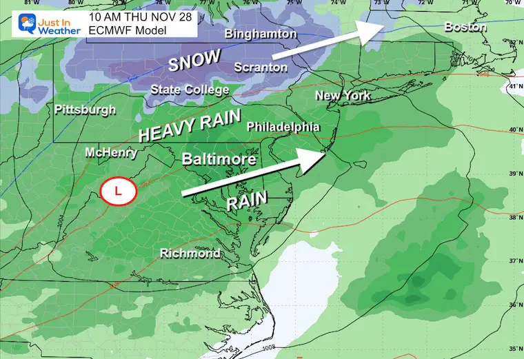 November 26 weather storm rain snow Thanksgiving morning