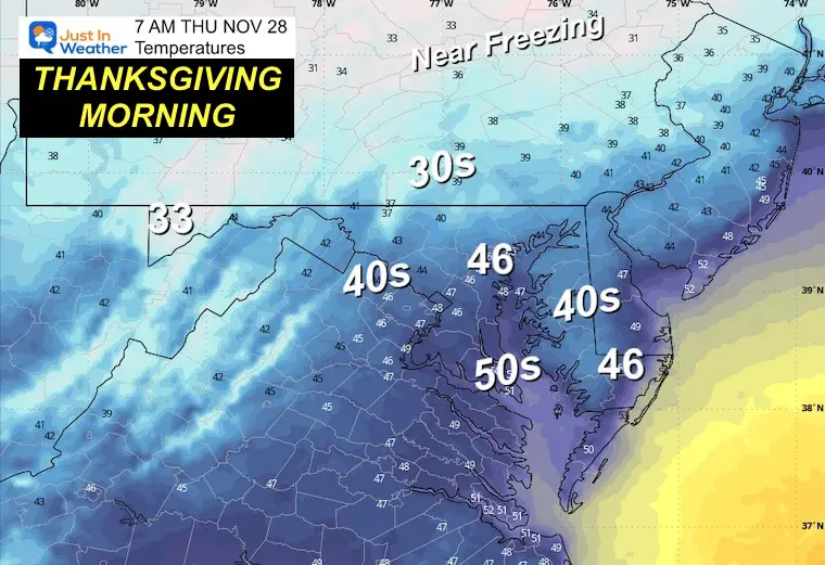 November 26 weather temperatures Thanksgiving sunrise