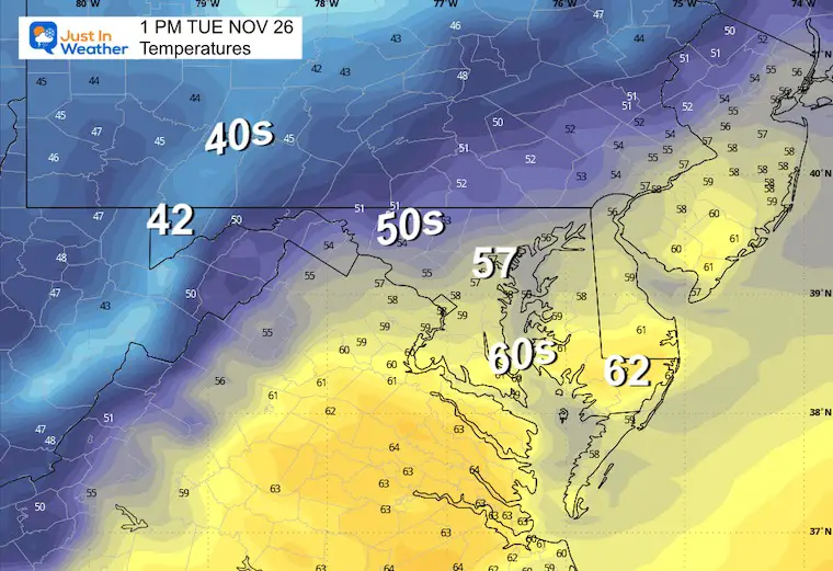 November 26 temperature forecast Tuesday afternoon