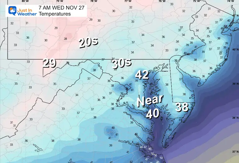 November 26 weather temperatures Wednesday morning