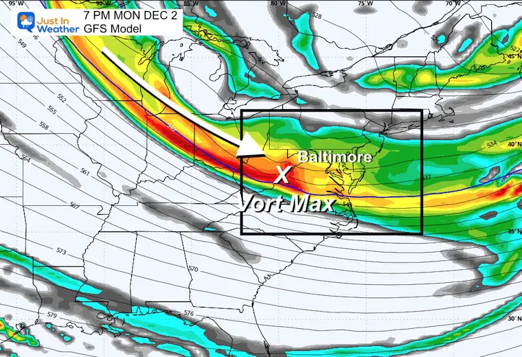 November 27 weather jet stream vorticity snow Sunday