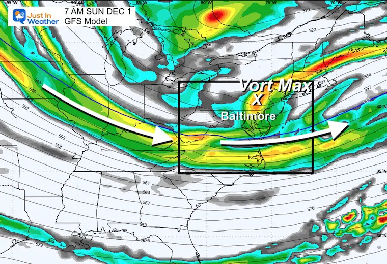 November 27 weather jet stream vorticity snow Monday night