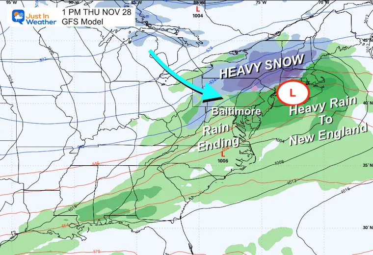 November 27 weather Thanksgiving Storm afternoon rain snow