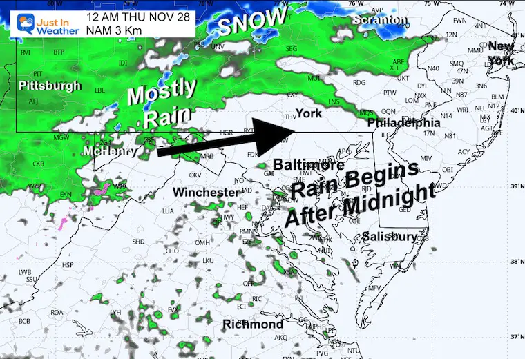 November 27 weather forecast Temperatures Wednesday Midnight rain