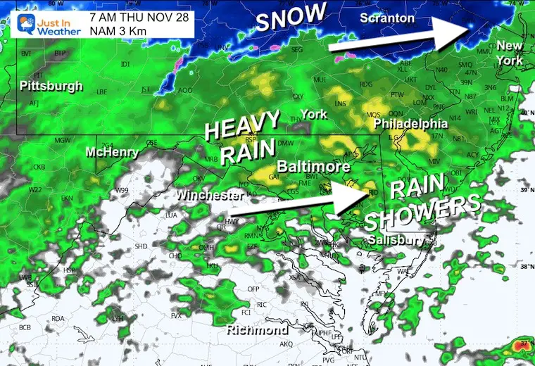 November 27 weather forecast rain radar Thanksgiving Thursday morning