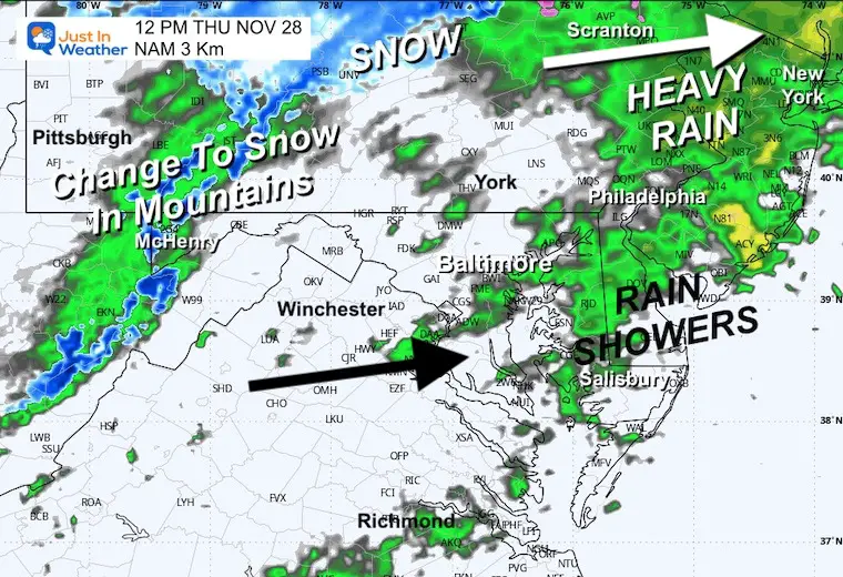 November 27 weather forecast rain radar Thanksgiving Thursday noon