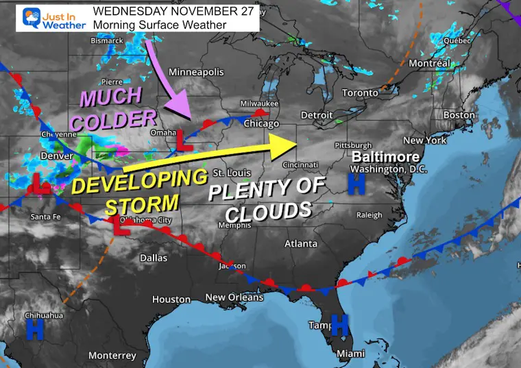 November 27 weather storm map forecast Wednesday morning Thanksgiving