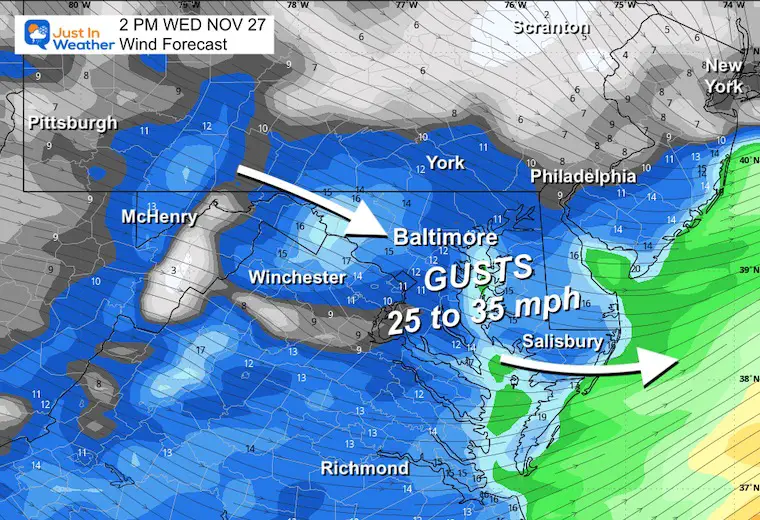 November 27 weather wind forecast Thanksgiving afternoon