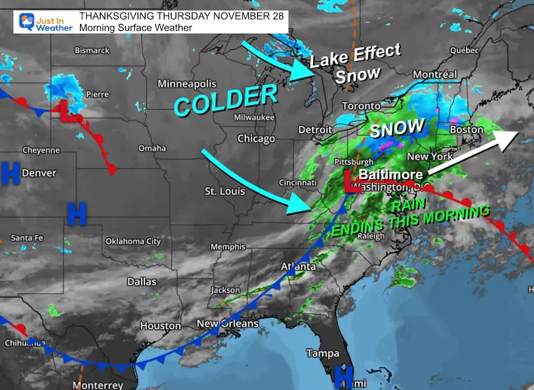 November 28 weather Thanksgiving Morning rain snow