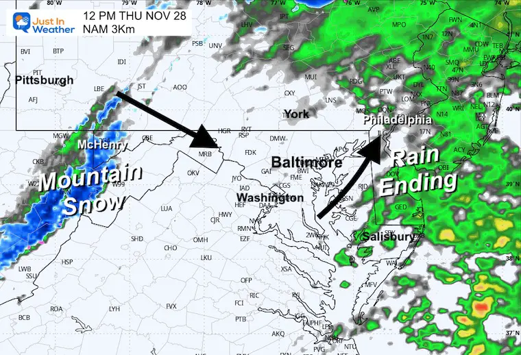 November 28 weather Thanksgiving radar rain snow noon