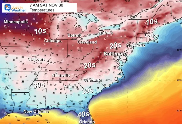 November 28 weather temperatures Saturday November 30 East Coast