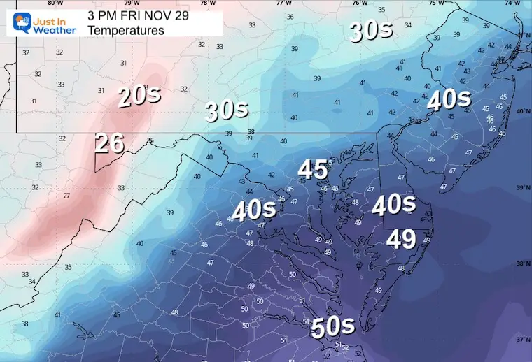 November 28 weather temperatures Friday afternoon