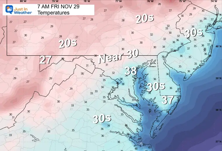 November 28 weather temperatures Friday morning