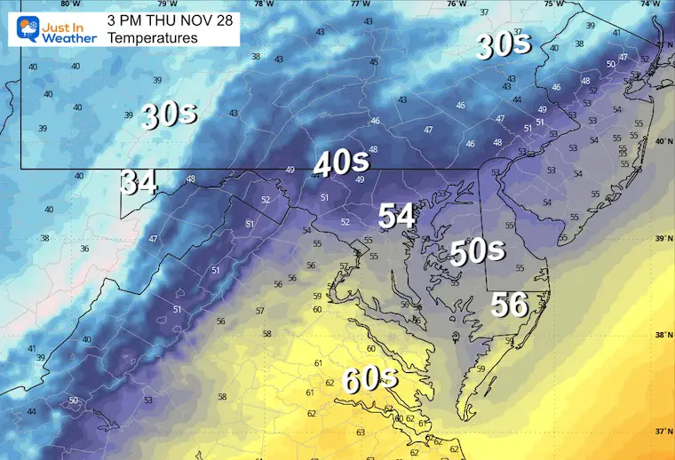 November 28 weather Thanksgiving temperatures afternoon 