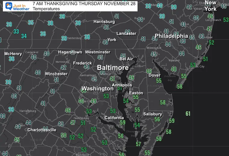 November 28 weather temperatures Thanksgiving Morning