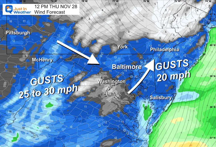 November 28 weather Thanksgiving wind noon