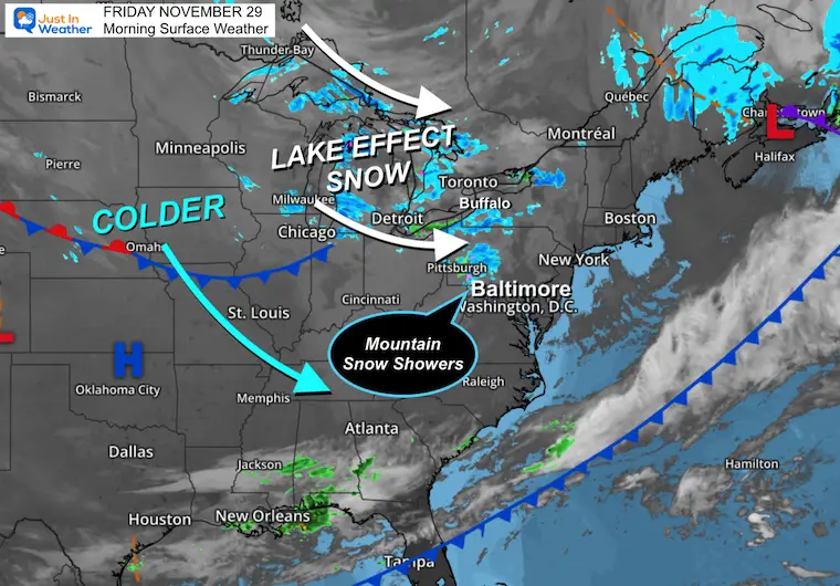 November 29 weather Friday morning cold and snow