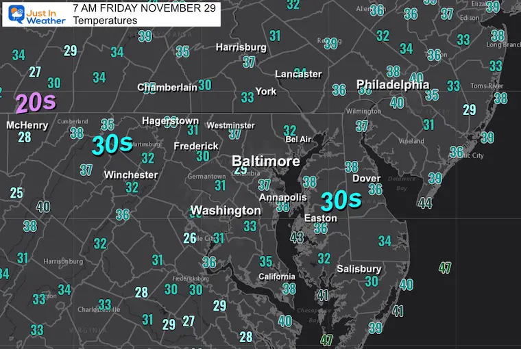 November 29 weather temperatures Friday morning