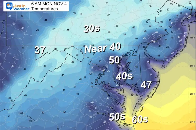 November 3 weather temperatures Monday morning