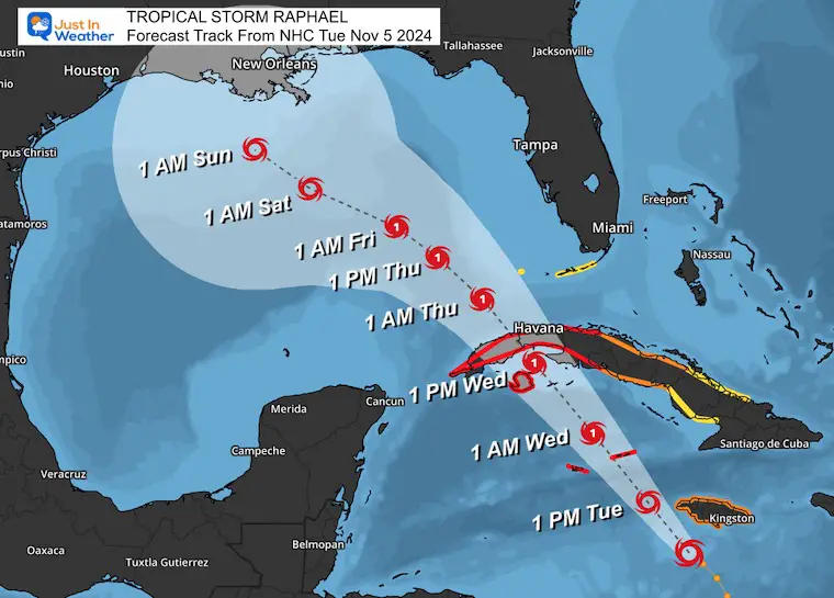 The forecast for Tropical Storm Rafael on Nov. 5 tracks the National Hurricane Center