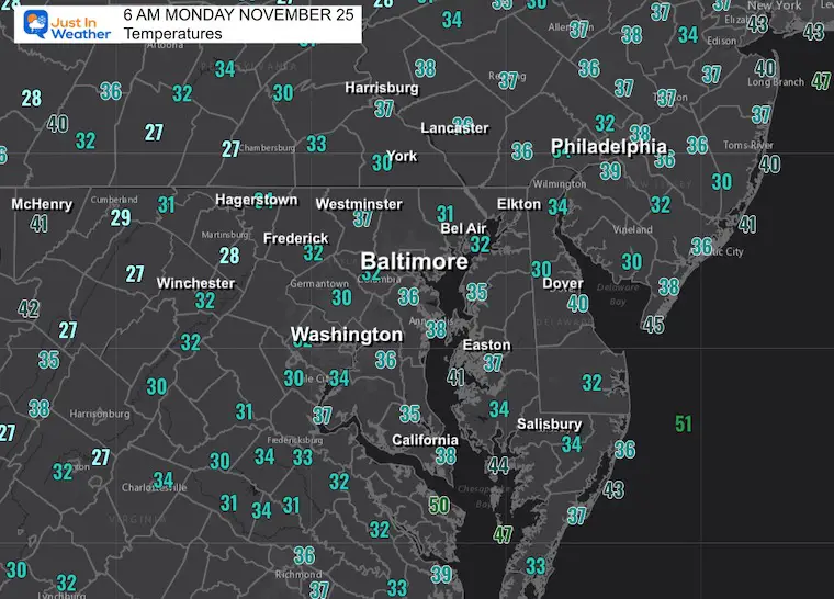 November 25 weather temperatures Monday morning