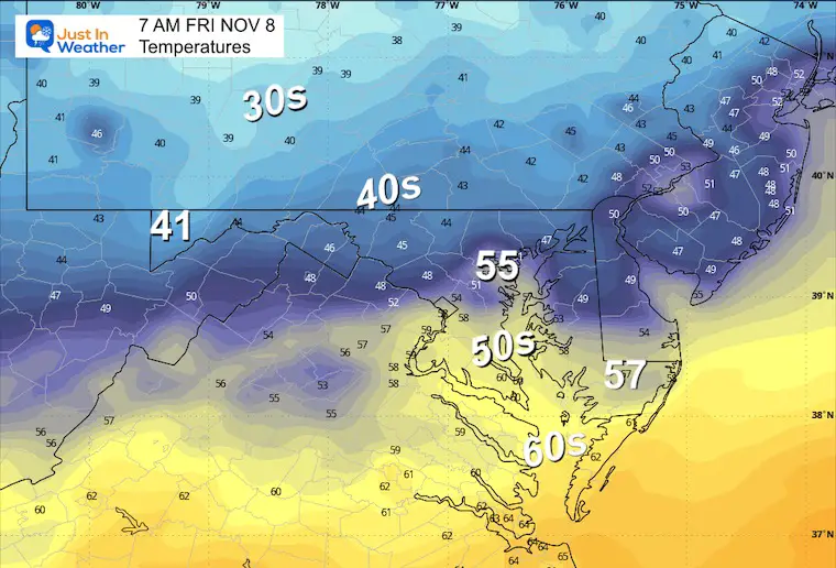 November 7 weather temperatures Friday morning 