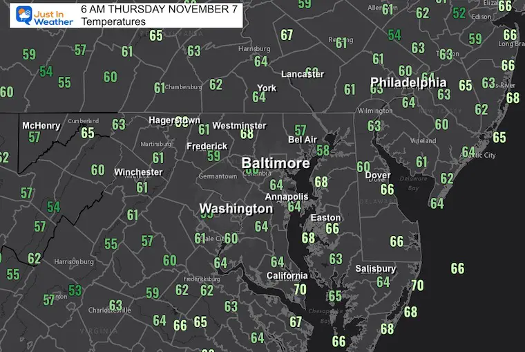 November 7 weather temperatures Thursday morning 