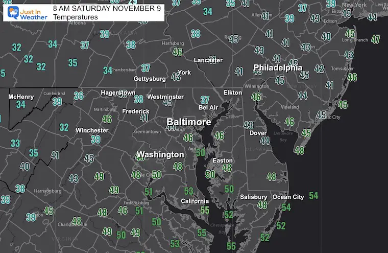 November 9 weather temperatures Saturday morning