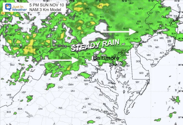 November 9 weather rain Sunday evening