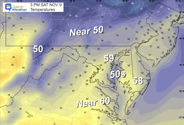 November 9 weather temperatures Saturday afternoon