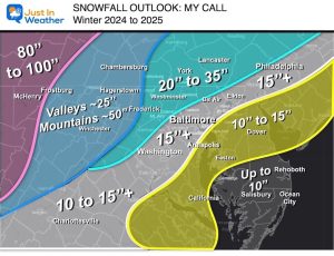 Winter 2024 to 2025 Snow Forecast Maryland Pennsylvania Virginia West Virginia Delaware