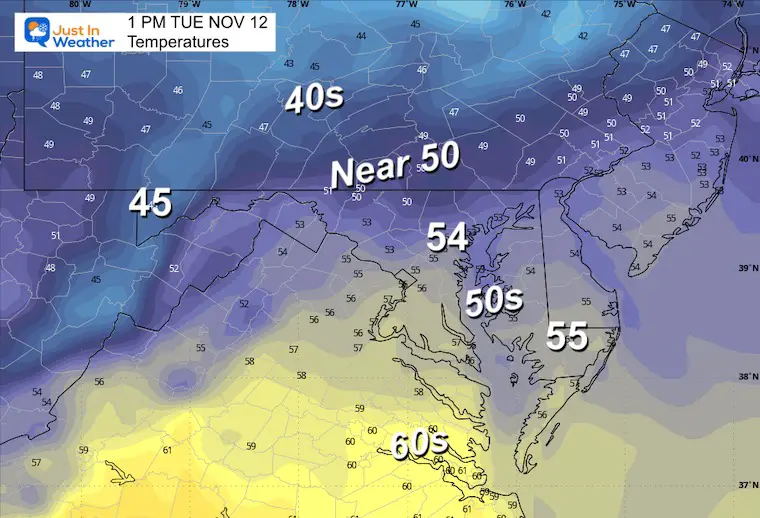 November 12 weather forecast temperatures Tuesday afternoon