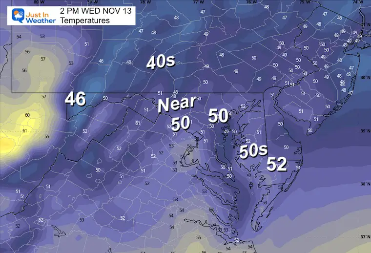 November 12 weather forecast temperatures Wednesday afternoon