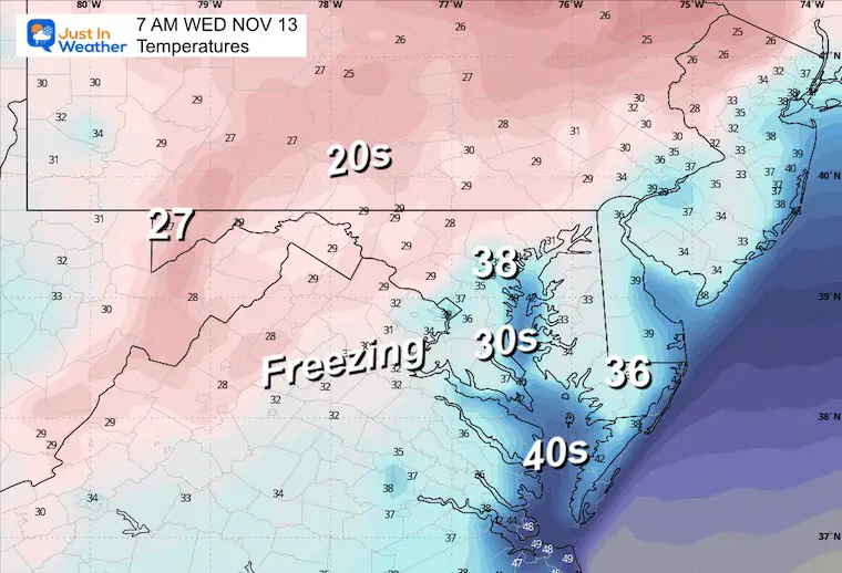 November 12 weather forecast temperatures Wednesday morning