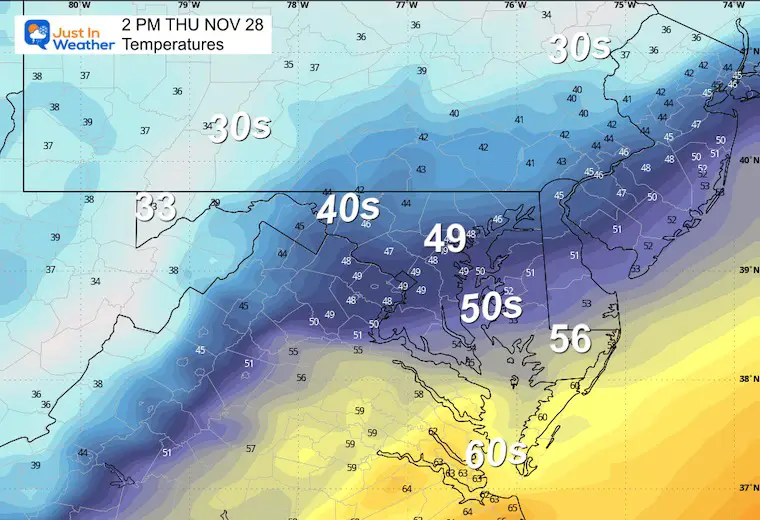 November 27 weather forecast Temperatures Thanksgiving Afternoon