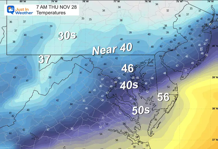 November 27 weather forecast Temperatures Thanksgiving Thursday morning