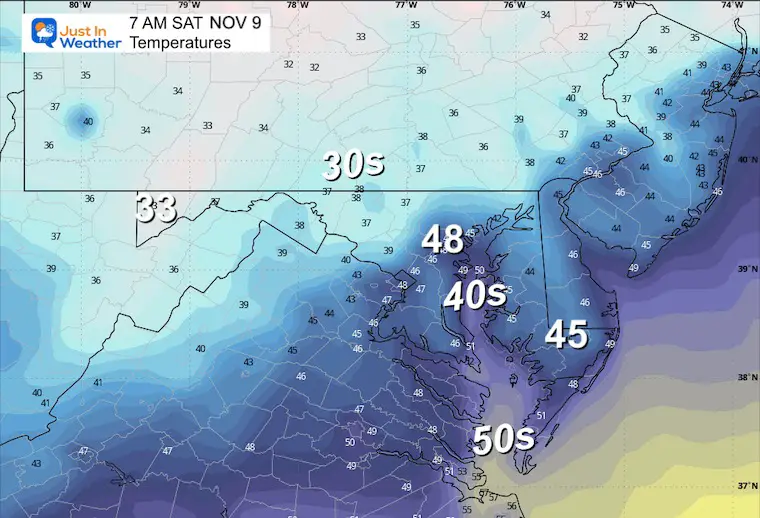 November 8 temperatures forecast Saturday morning