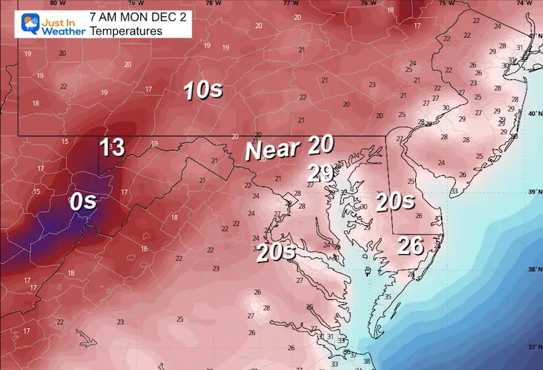 December 1 weather temperatures Monday morning