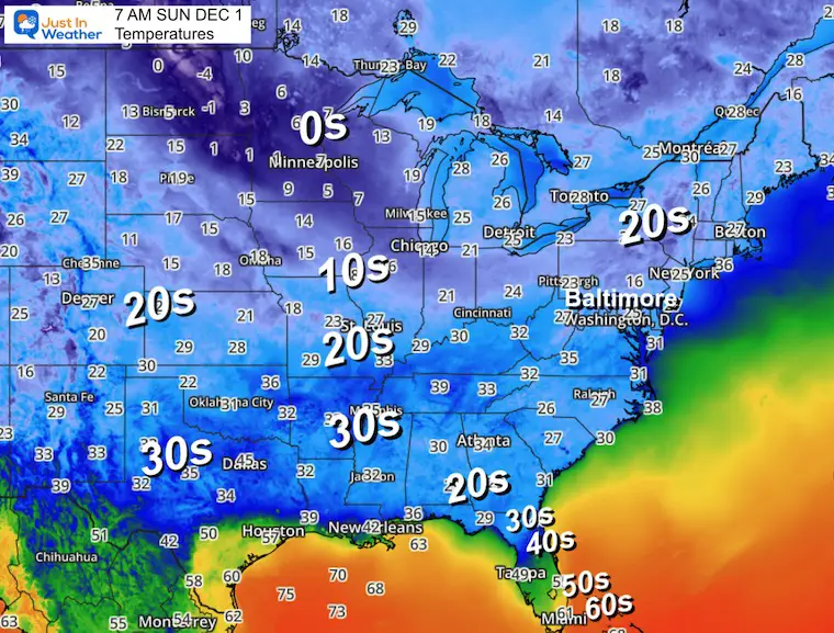 December 1 weather temperatures Sunday morning Eastern US