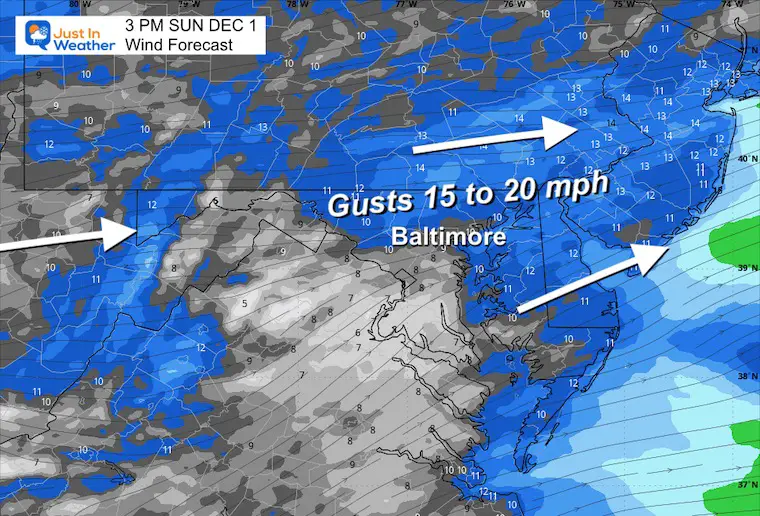 December 1 weather wind forecast Sunday afternoon