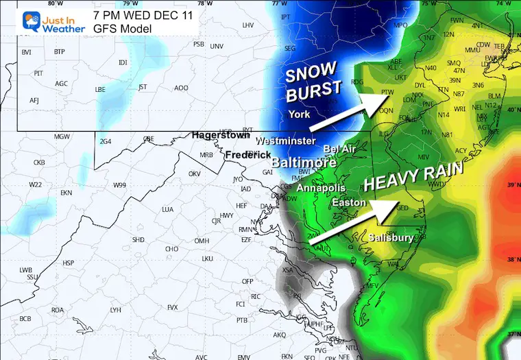 December 10 weather radar forecast snow rain GFS Wednesday evening