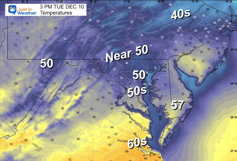 December 10 weather temperatures Tuesday afternoon