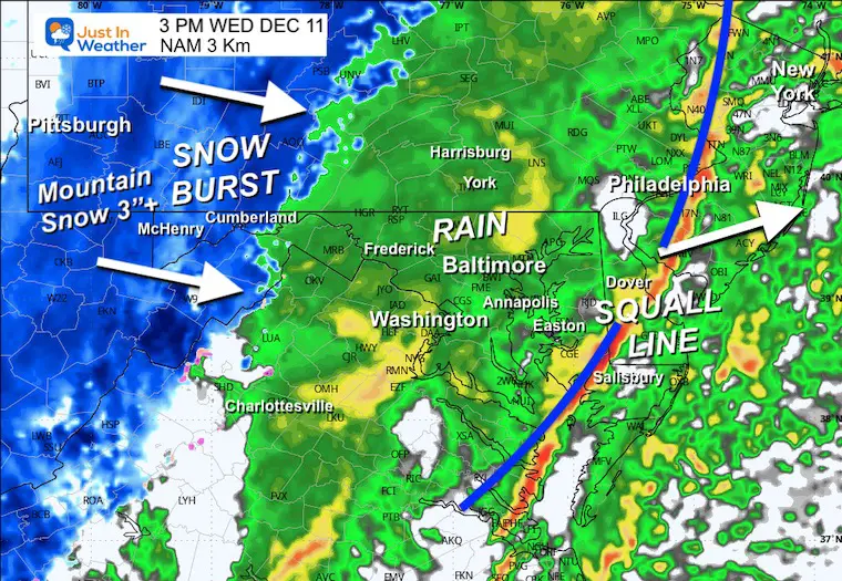 December 11 weather radar rain snow Wednesday afternoon